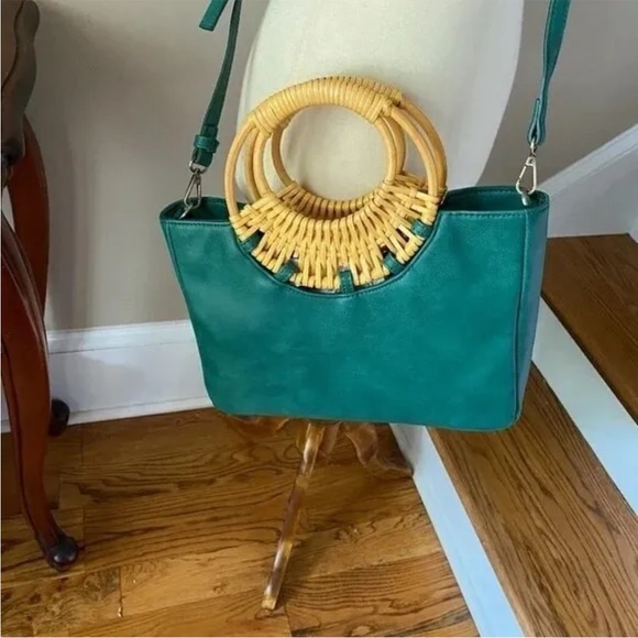 Anthropologie Marianne Green Tote Bag Bamboo  NEW - Picture 7 of 10